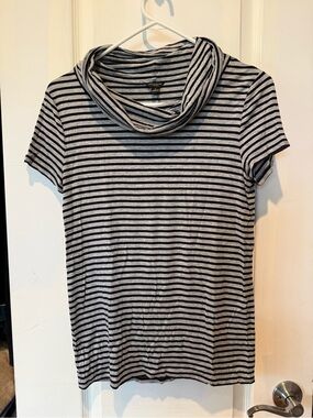 Ann Taylor stretchy black and gray striped short sleeve cowl neck